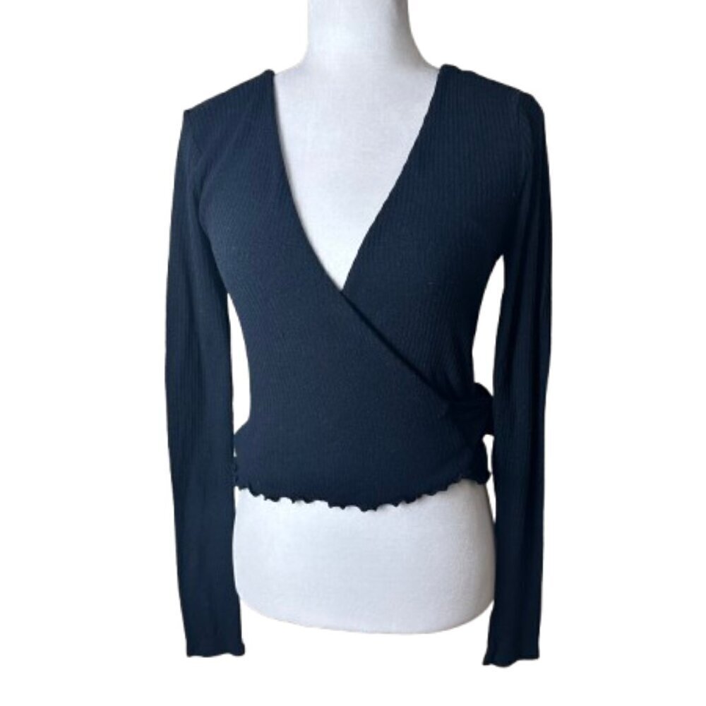 ABERCROMBIE & FITCH Lettuce Edge Ribbed Wrap Tie Sweater Top Size XS Black